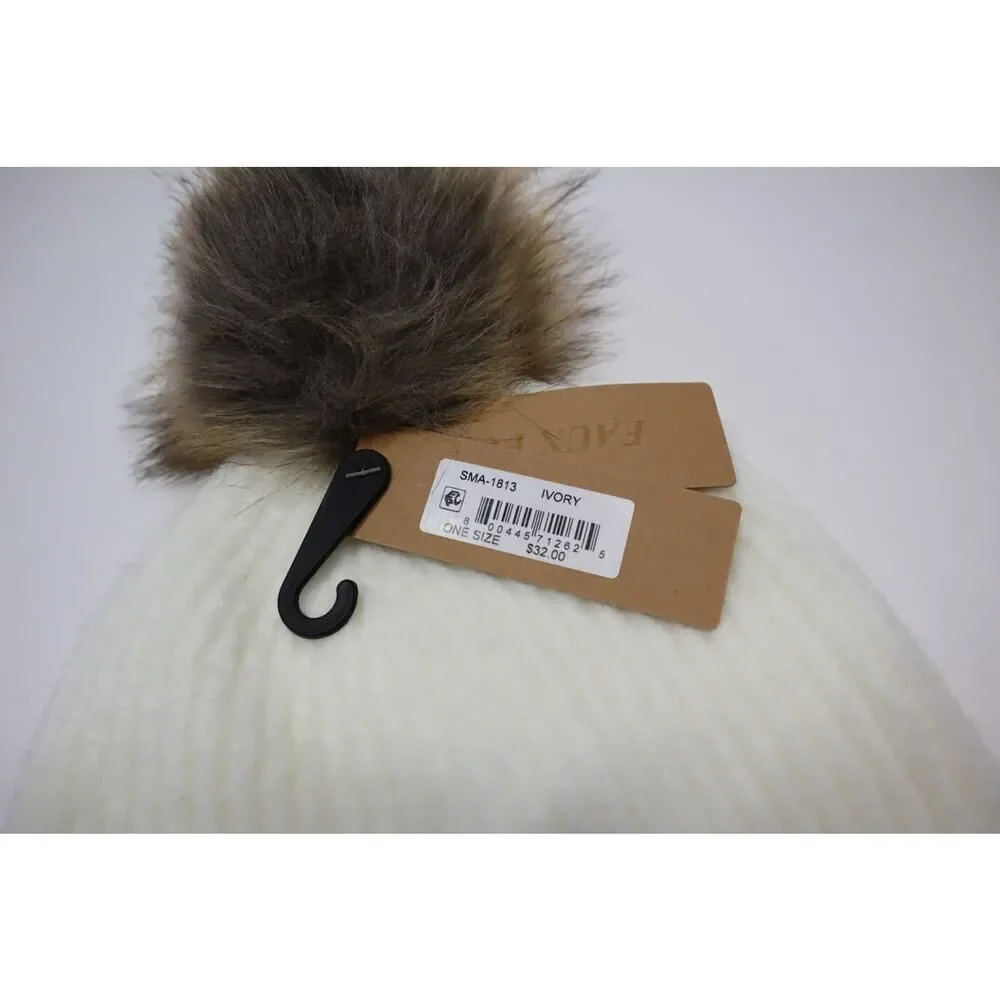 Steve Madden Ivory and Faux Fur‎ Puff Beanie One Size